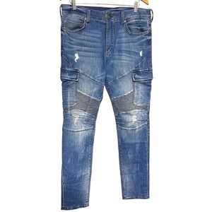 True Religion Rocco Relaxed Moto Biker Ribbed Cargo Jeans Men's 33x33 Distressed